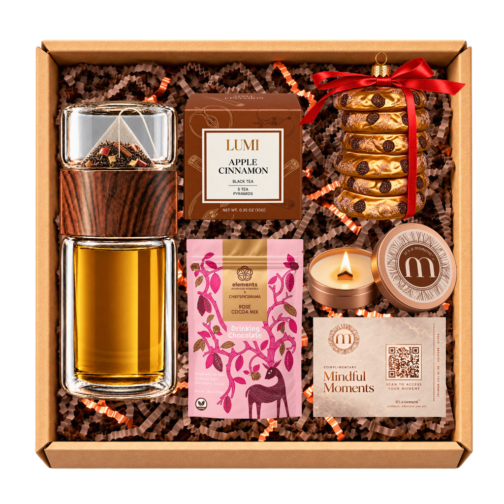 Fireside holiday engagement kit, open gift box on a white background