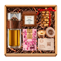 Fireside holiday engagement kit, open gift box on a white background