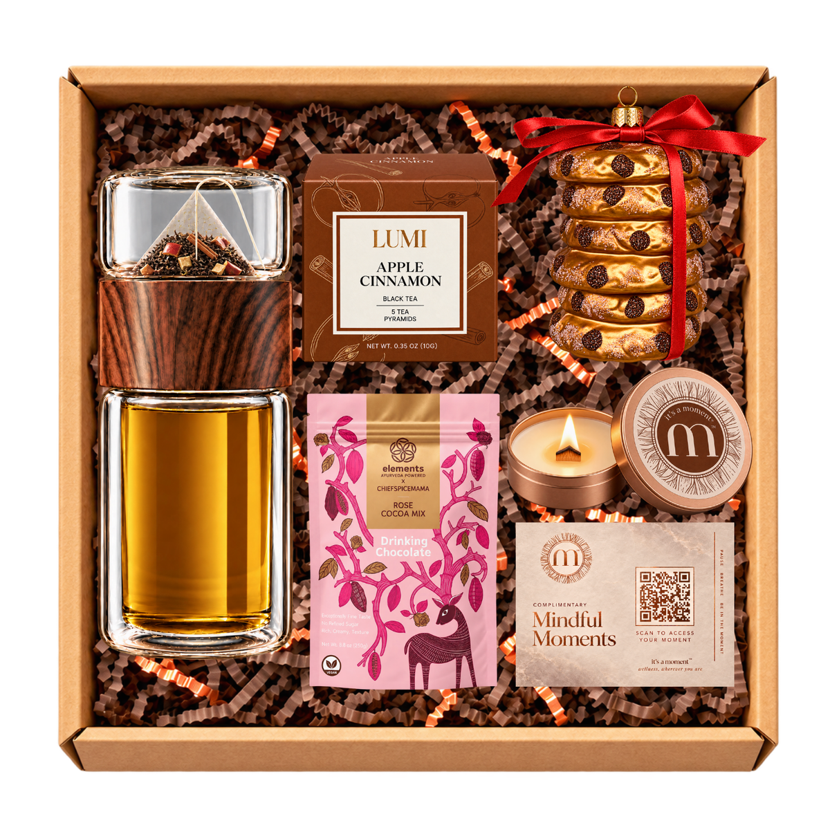 Fireside holiday engagement kit, open gift box on a white background