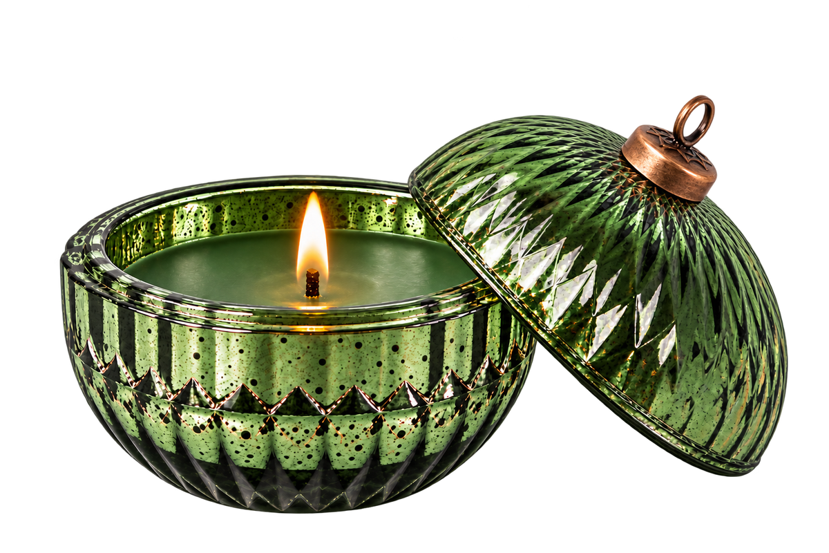 Aromatique The Smell of Tree ornament candle, lit with lid off