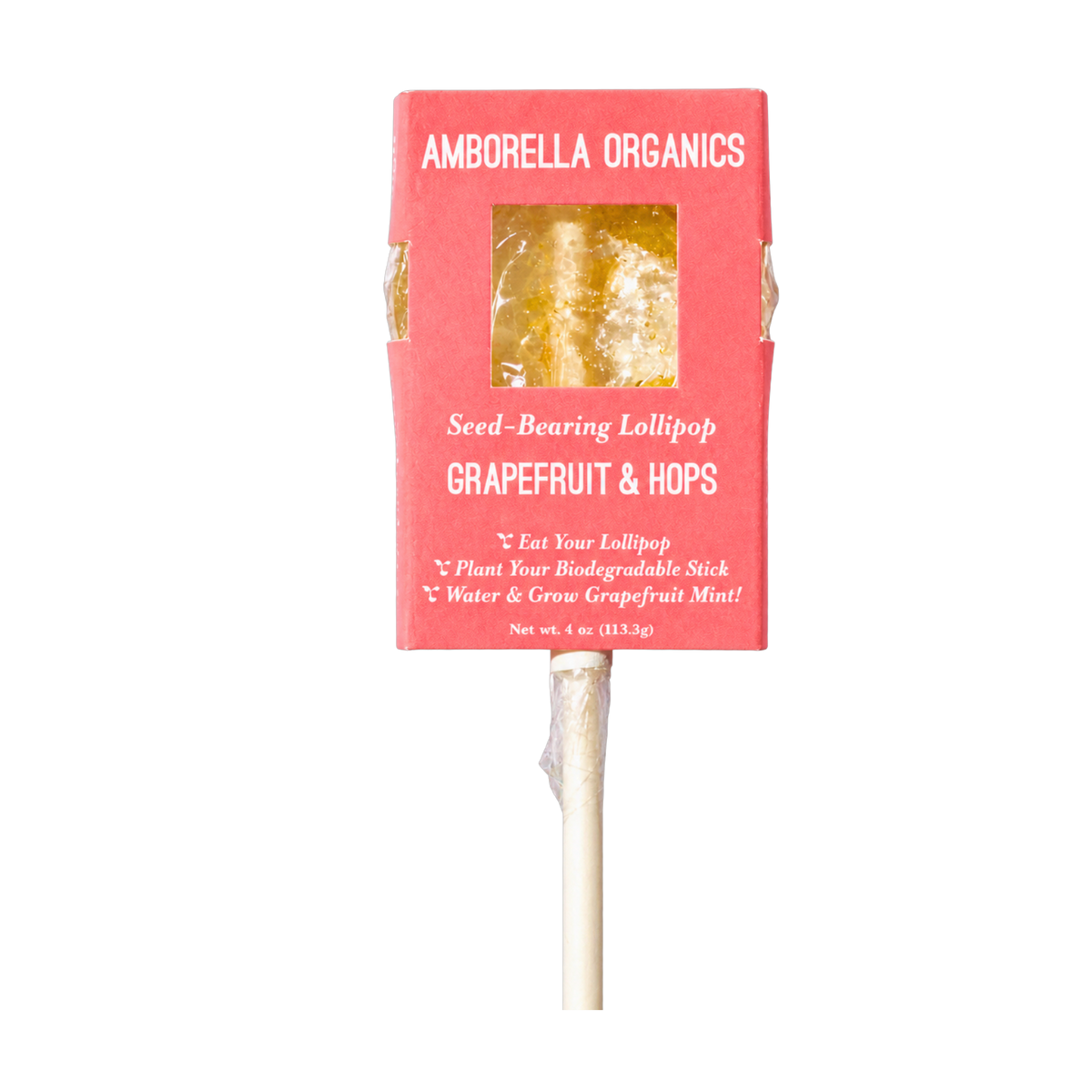 Amborella Organics seed-bearing lollipop, Grapefruit and Hops