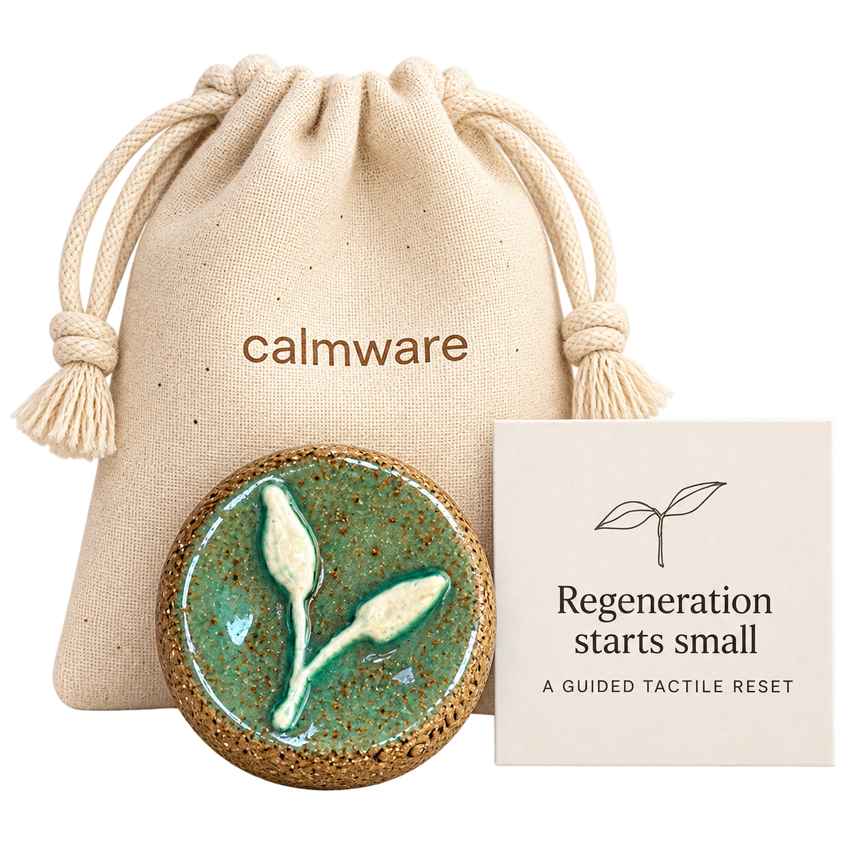 Calmware handmade green leaf grounding stone with dust bag and ritual card