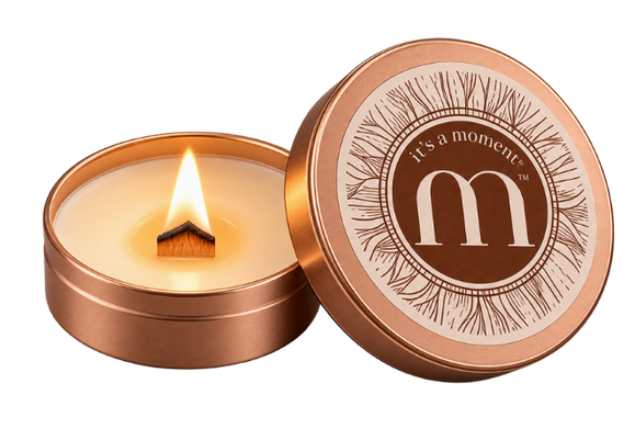 Moment 2 oz signature scent candle in a rose gold tin