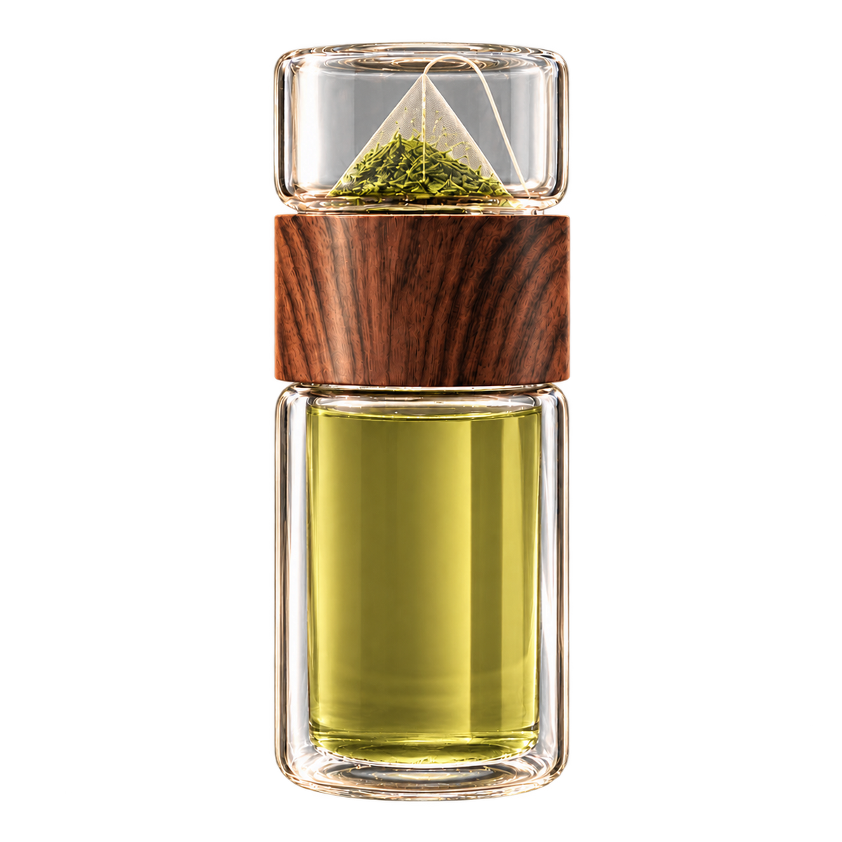 Double-walled glass tea infuser bottle with wood-grain collar