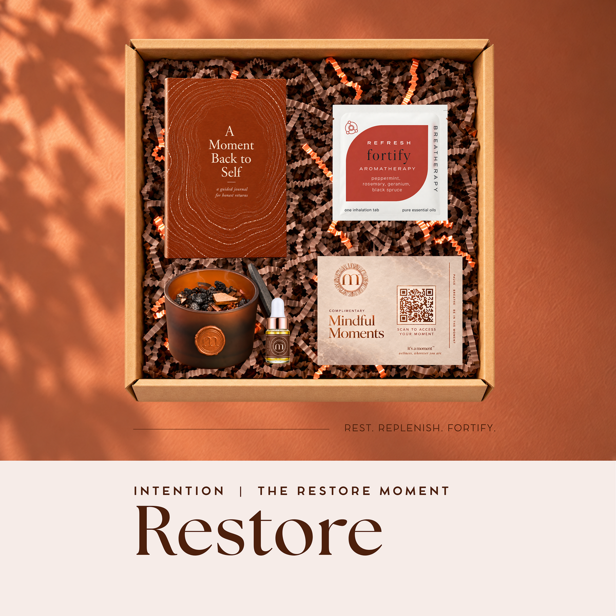 Restore Intention engagement kit with A Moment Back to Self journal, passive diffuser, signature essential oil, Breatherapy aromatherapy patch and Mindful Moments card in a gift box
