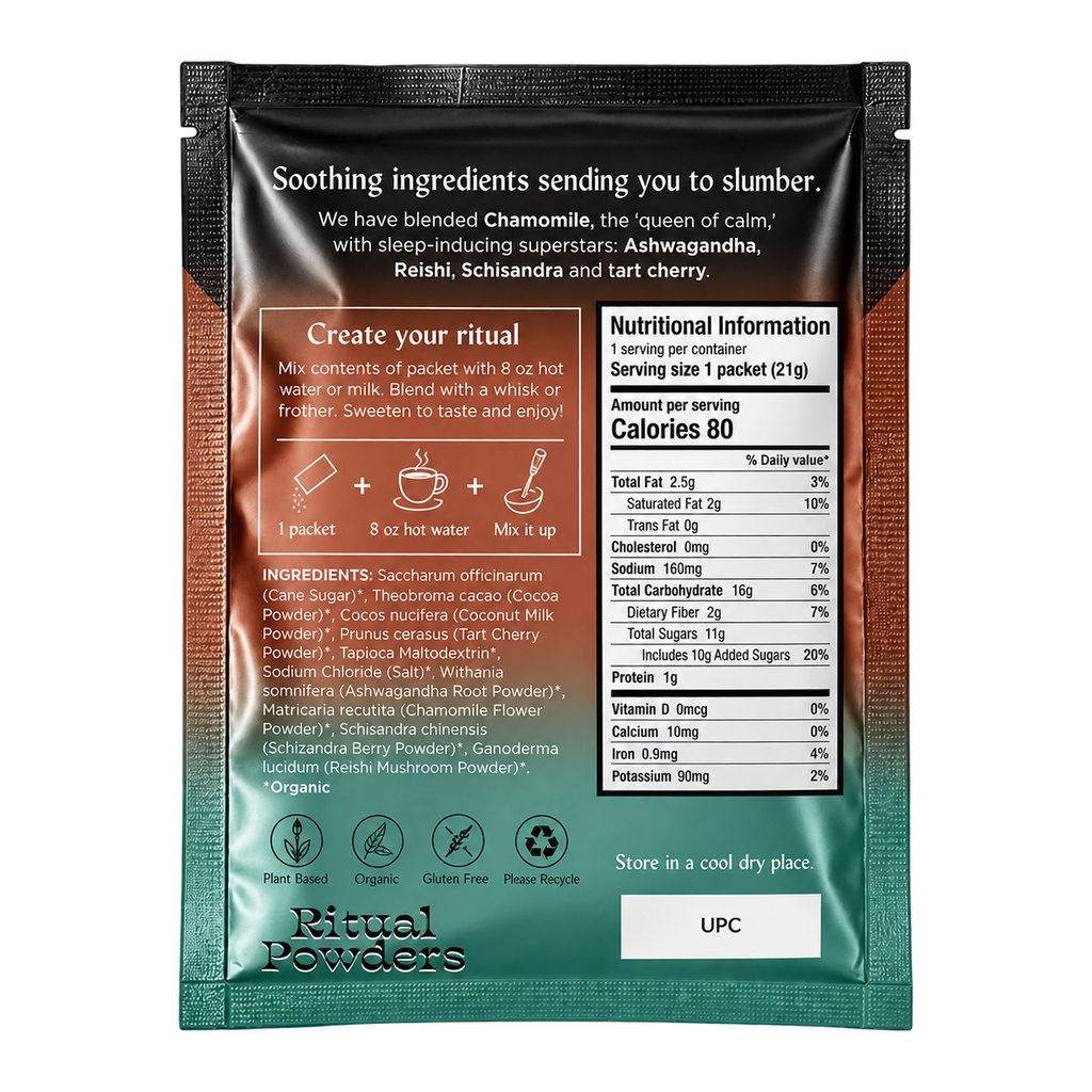 Dusk Reishi Hot Chocolate, back of pouch