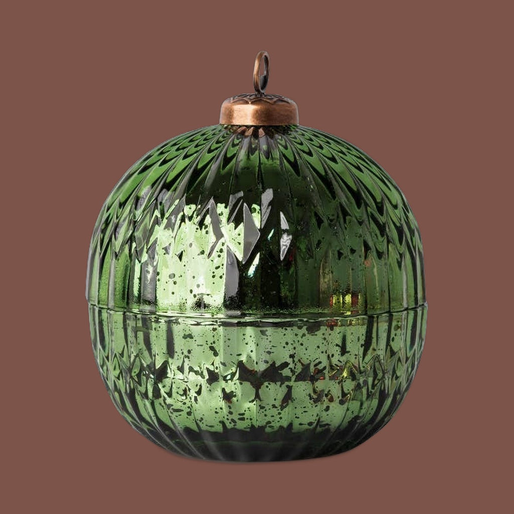 Aromatique The Smell of Tree ornament candle in faceted green glass with metallic lid, view 2