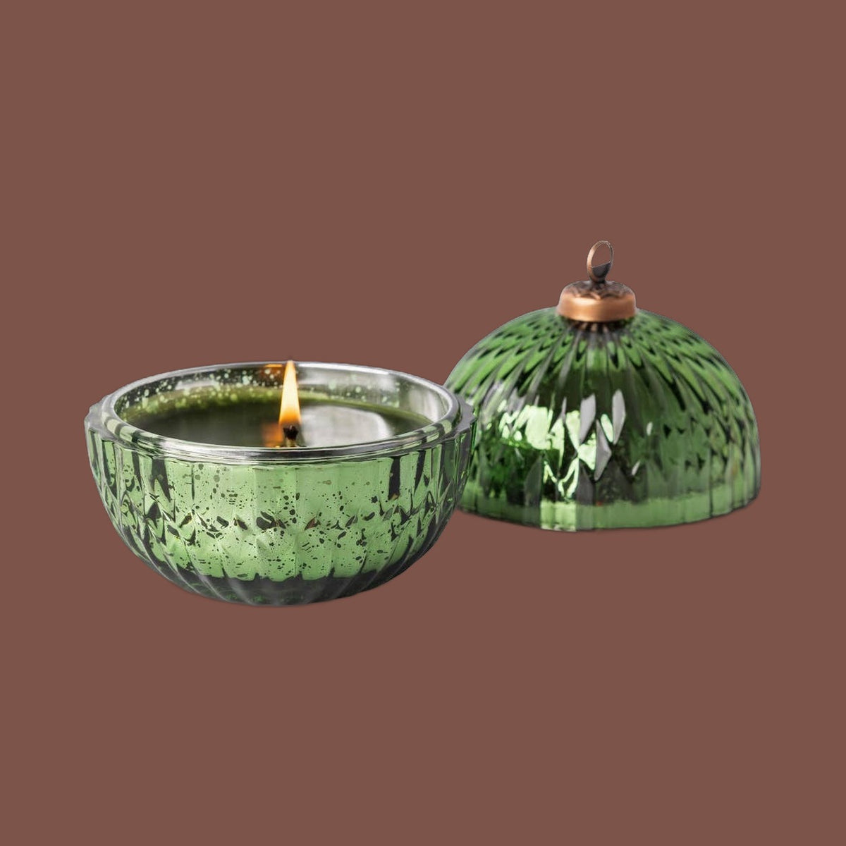 Aromatique The Smell of Tree ornament candle in faceted green glass with metallic lid, view 3