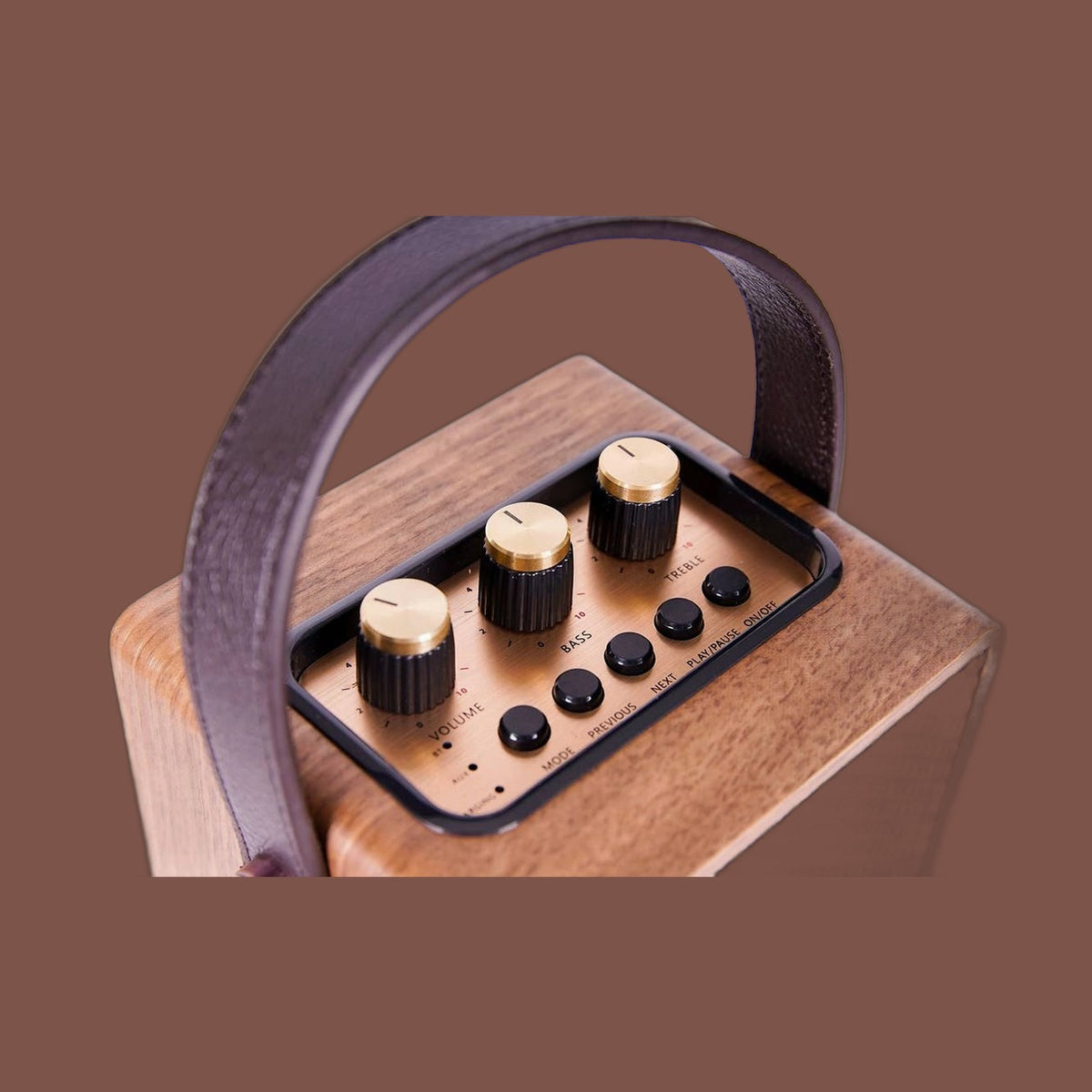 Fuse retro Bluetooth speaker in brown wood veneer with a vegan leather handle, view 4