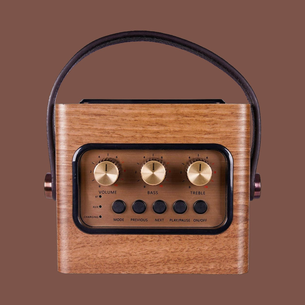 Fuse retro Bluetooth speaker in brown wood veneer with a vegan leather handle, view 5