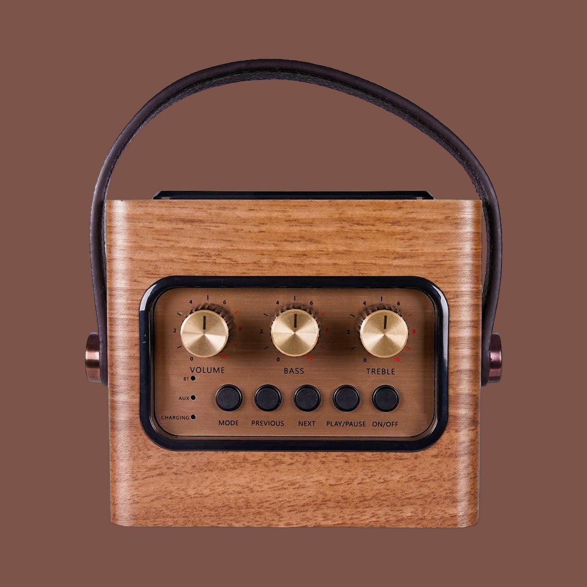 Fuse retro Bluetooth speaker in brown wood veneer with a vegan leather handle, view 5