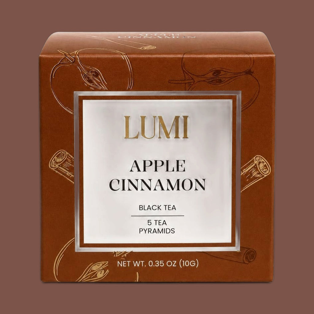 LUMI Apple Cinnamon black tea box with 5 pyramid tea bags, view 2