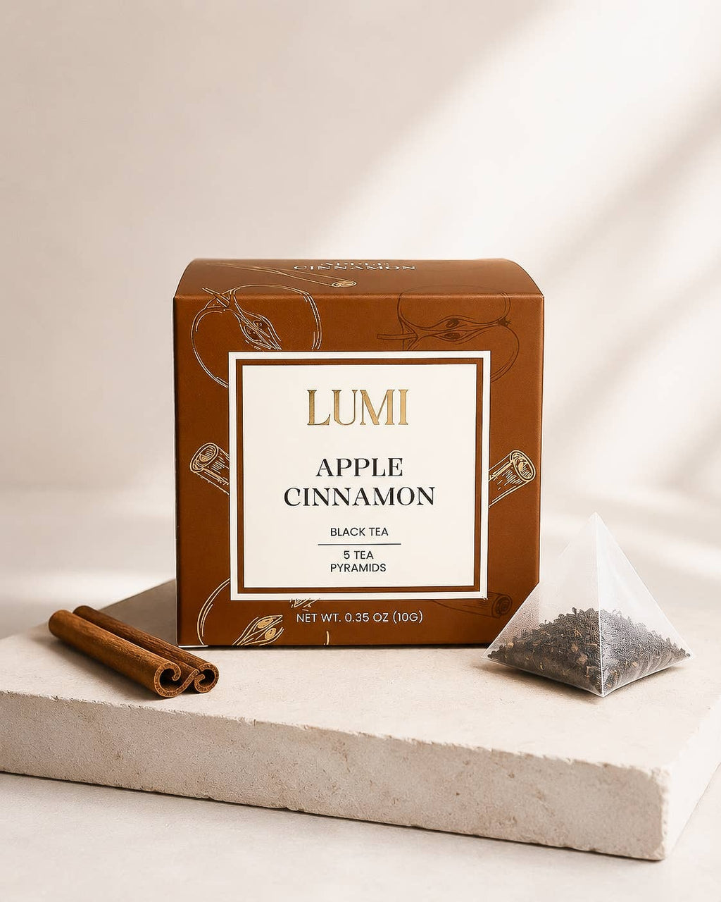 LUMI Apple Cinnamon black tea box with 5 pyramid tea bags, view 3