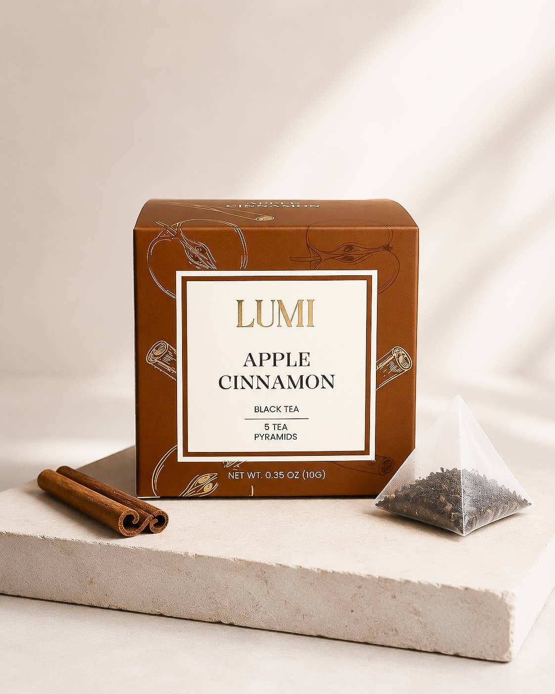 LUMI Apple Cinnamon black tea box with 5 pyramid tea bags, view 3