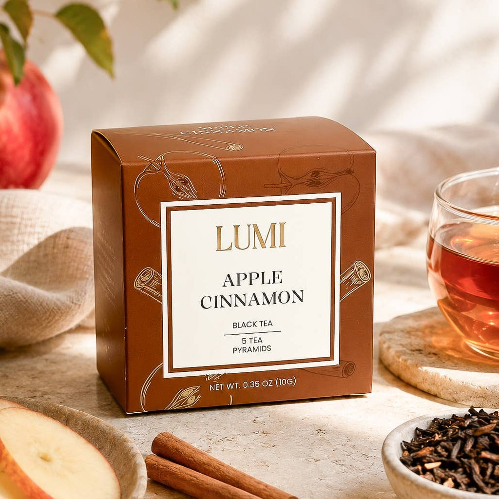 LUMI Apple Cinnamon black tea box with 5 pyramid tea bags, view 4
