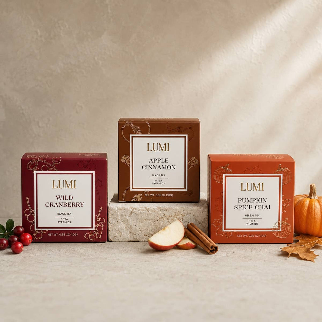 LUMI Apple Cinnamon black tea box with 5 pyramid tea bags, view 5