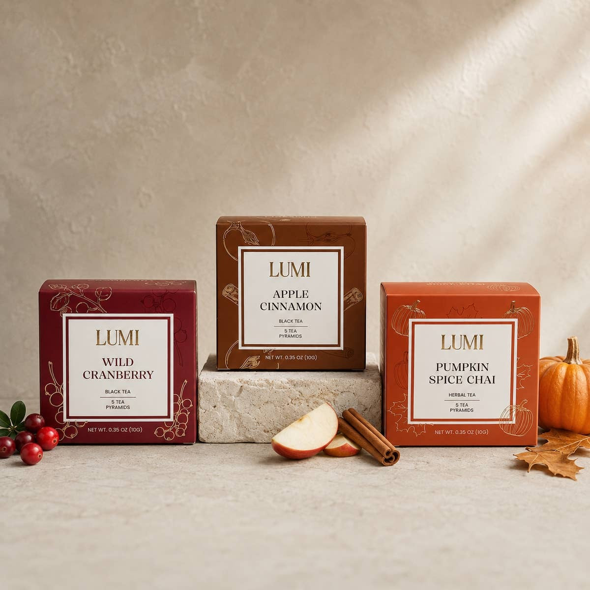 LUMI Apple Cinnamon black tea box with 5 pyramid tea bags, view 5