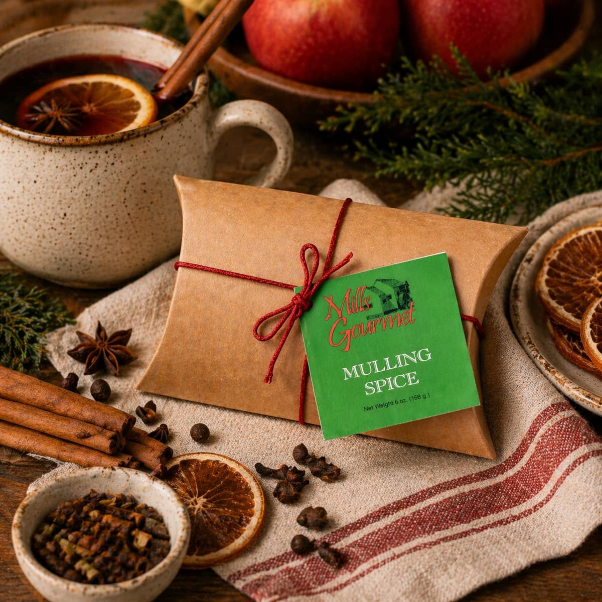 Mills Gourmet Mulling Spice in a kraft pillow box tied with red string, view 2