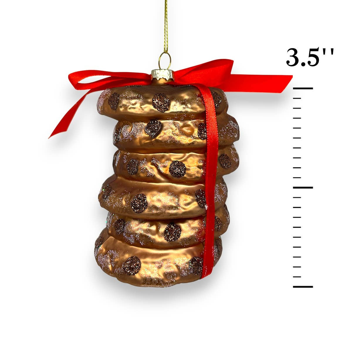 Glass ornament shaped like a stack of chocolate chip cookies tied with a red bow, view 4