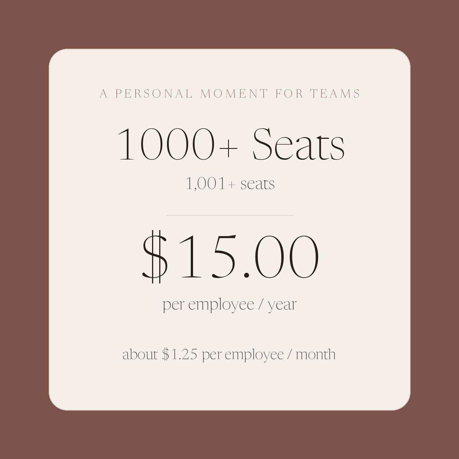 1000+ Seats — $15.00 per employee per year (1,001+ seats)