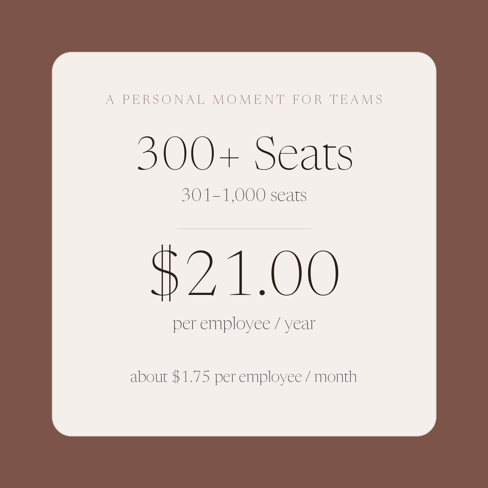 300+ Seats — $21.00 per employee per year (301–1,000 seats)