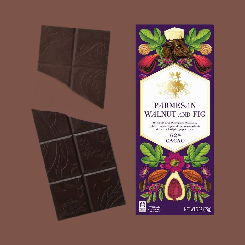 Vosges Haut-Chocolat Parmesan, Walnut and Fig 62% cacao dark chocolate bar, view 2
