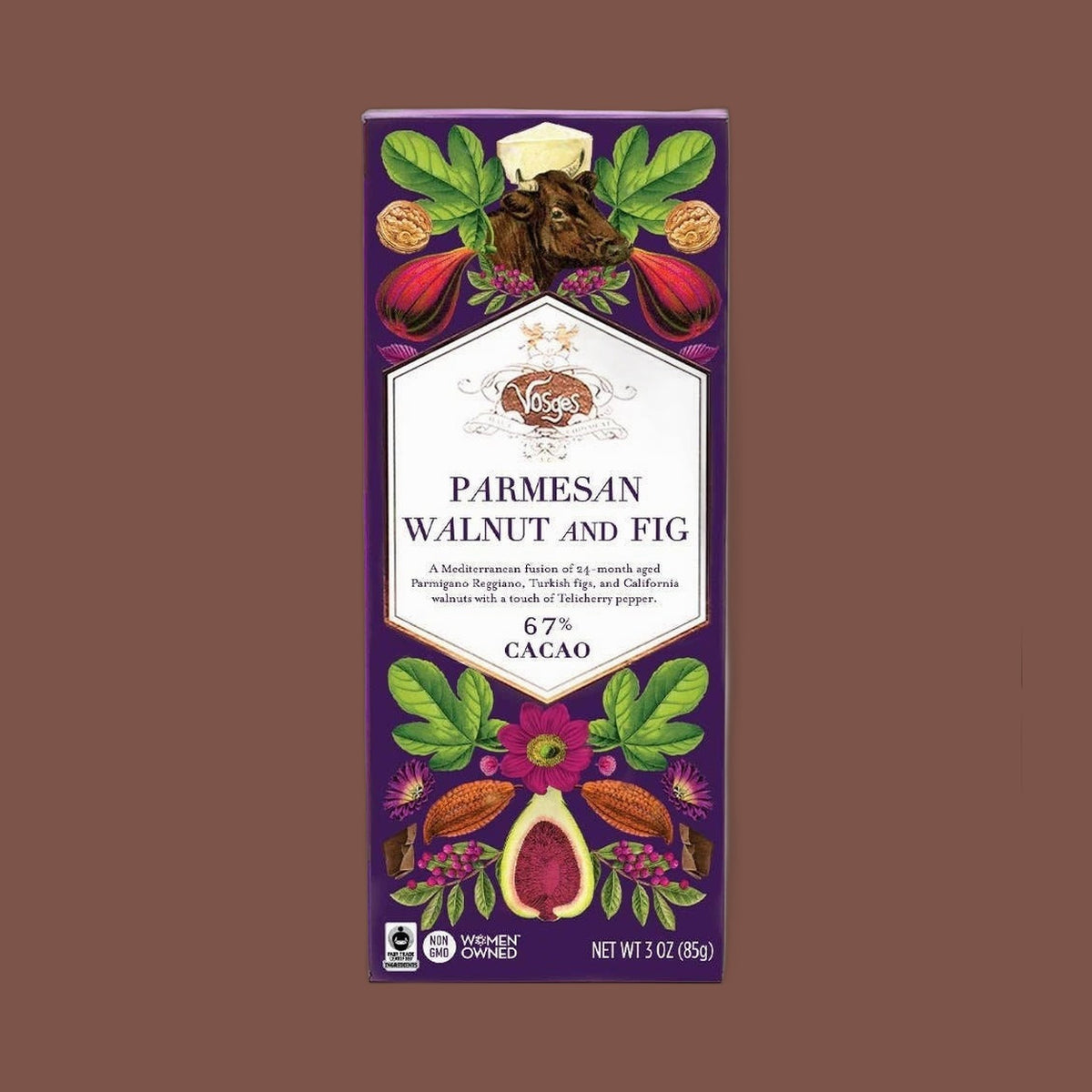Vosges Haut-Chocolat Parmesan, Walnut and Fig 62% cacao dark chocolate bar, view 3